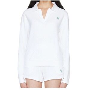 Sporty & Rich White Cotton Terry Long‎ Sleeve Polo Shirt SRC Logo Green Womens M